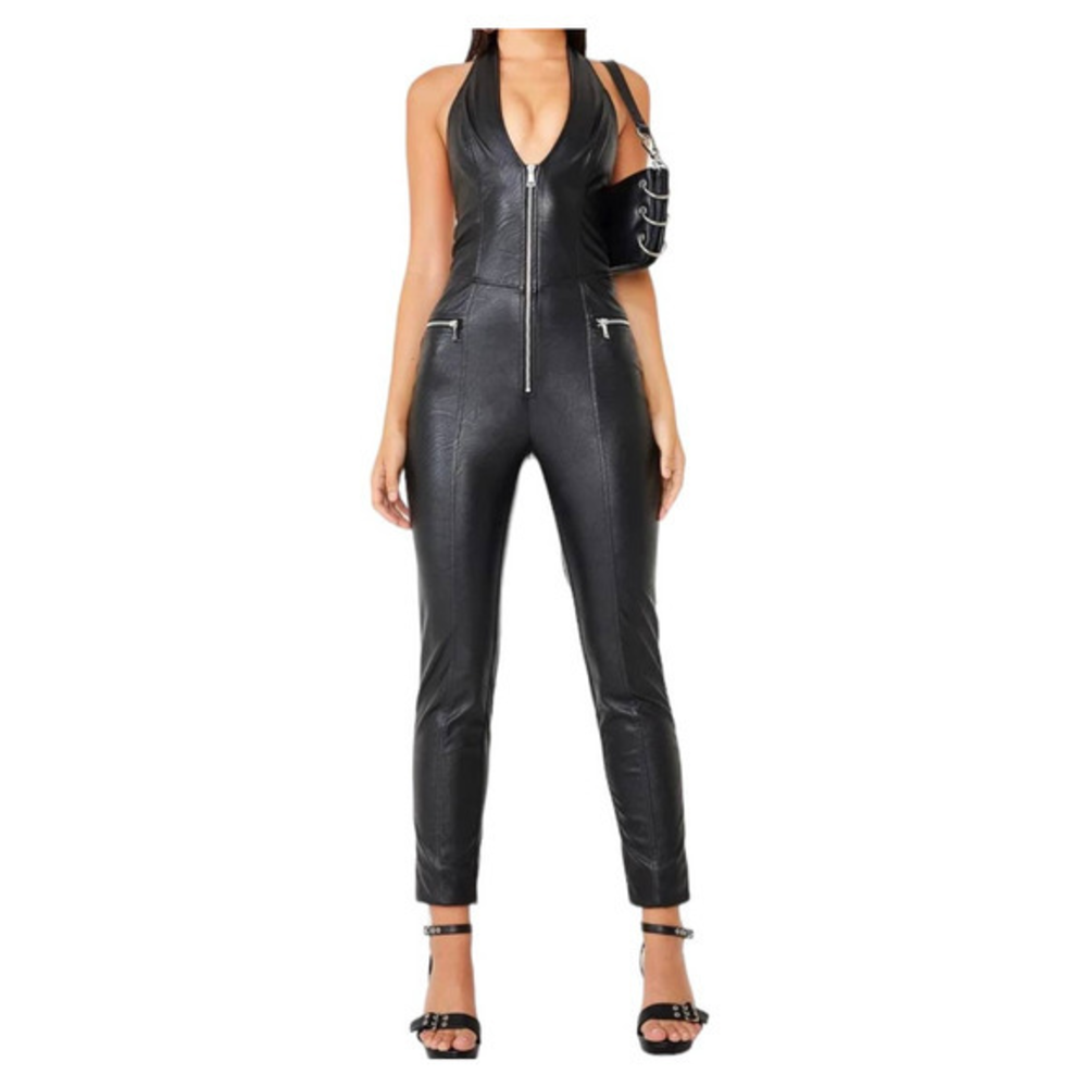 Tiger Mist Black Faux Leather Halter Zip Jumpsuit